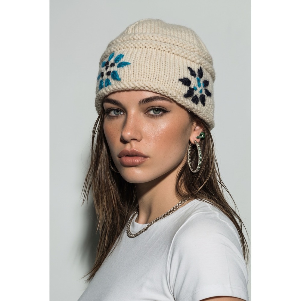 Windhorse Hand Knitted Wool Beanie Cream Floral Embroidered Fleece Lined Nepal